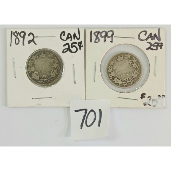 LOT OF 2 - 1892 & 1899 CDN 25 CENT SILVER COINS