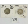 LOT OF 2 - 1892 & 1899 CDN 25 CENT SILVER COINS