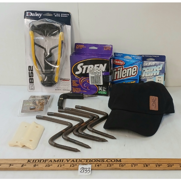 JOB LOT - BROWNING HAT, FISHING LINE, DAISY SLINGSHOT, COCALL CHIPS, ETC