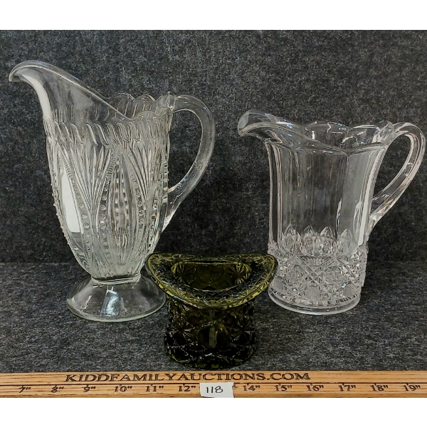 LOT OF 3 - FENTON DAISY & BUTTON TOP HAT DESIGN DISH & CUT GLASS PITCHERS