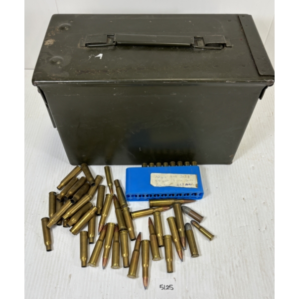 AMMO / BRASS: 34 X MIXED CAL LIVE & 24 X BRASS & AMMO CAN