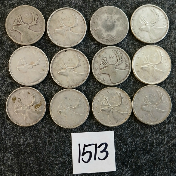 LOT OF 12 - 1940-1966 CDN 25 CENT COINS