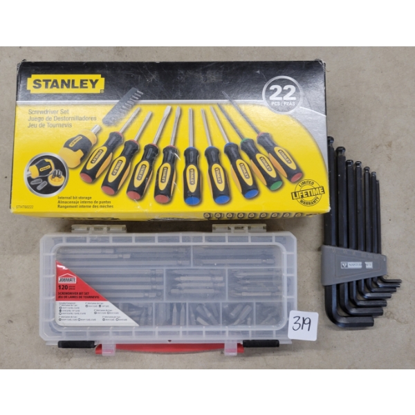 LOT OF 3 - STANLEY SCREWDRIVER SET, JOBMATE SCREWDRIVER BIT SET & MASTERCRAFT ALLAN KEYS