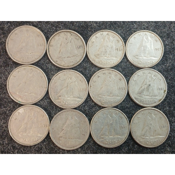 LOT OF 12 - 1951-1966 CDN 10 CENT COINS