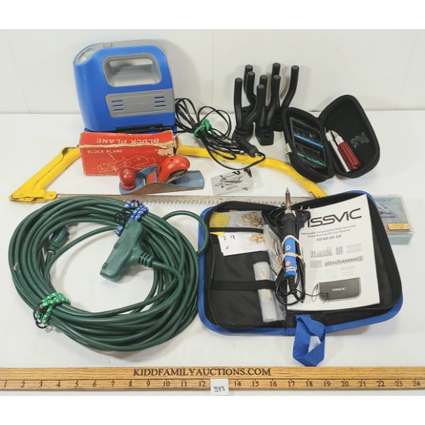 JOB LOT - YISSVIC ADJ WOOD BURNING KIT, BLOCK PLANE, CERTIFIED AIR COMPRESSOR, ETC