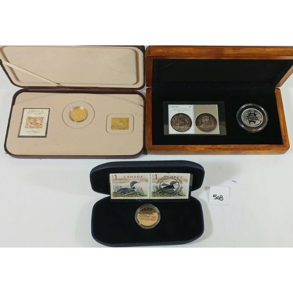 LOT OF 3 - 2000, 2001 & 2008 RCM COIN / STAMP SETS - INCL 2008 SILVER 50 CENT PC