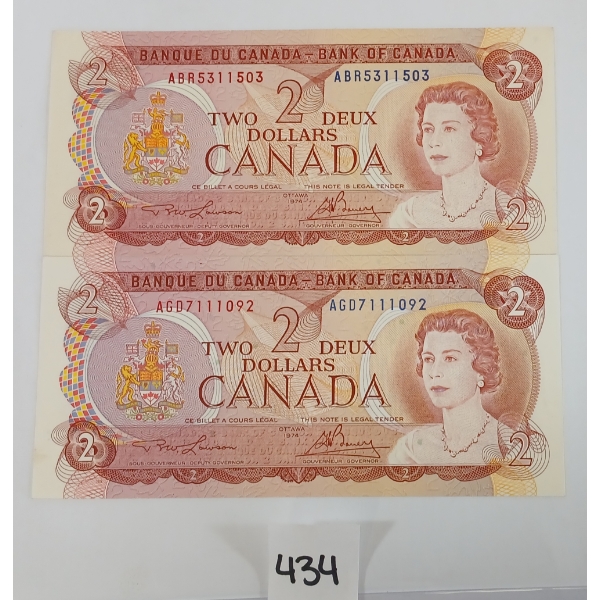 LOT OF 2 - 1974 CDN $2 BANKNOTES - UNCIRCULATED