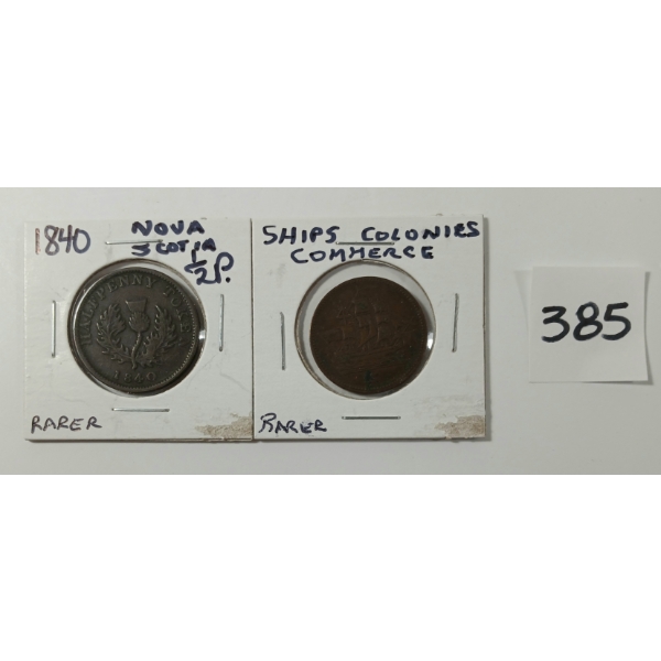 LOT OF 2 - SHIPS COLONIES COMMERCE TOKEN - NOVA SCOTIA HALF PENNY