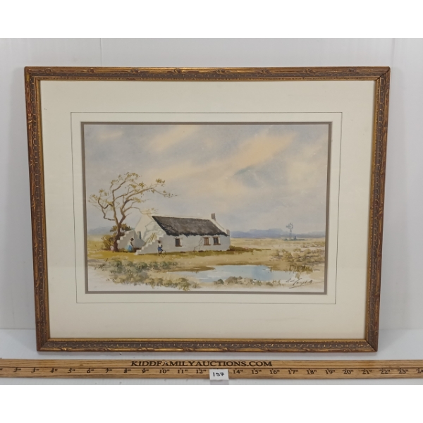 FARMSIDE SCENE BY R.A(?) CAMPBELL- FRAMED WATERCOLOUR ON PAPER