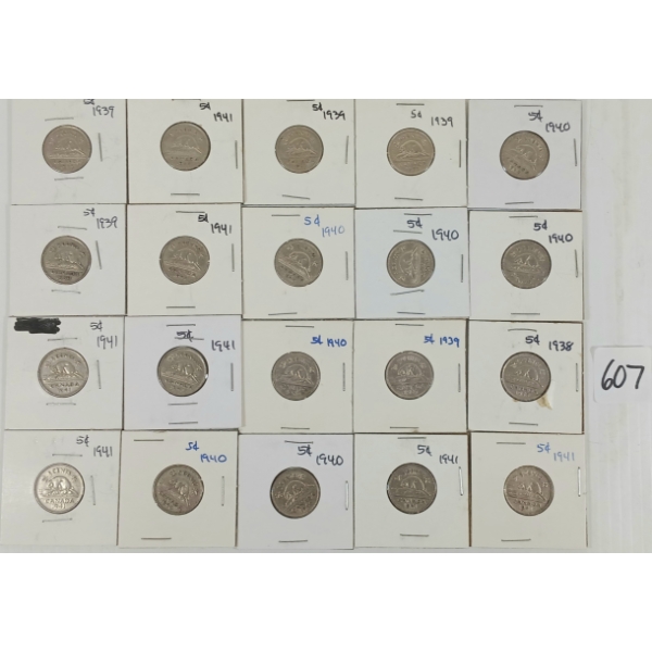 LOT OF 20 - 1938-1941 CDN 5 CENT COINS