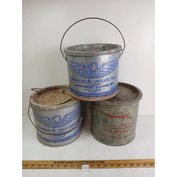 LOT OF 3 - MERMAID & FENWICK WOODSTREAM FISHING BAIT BUCKETS