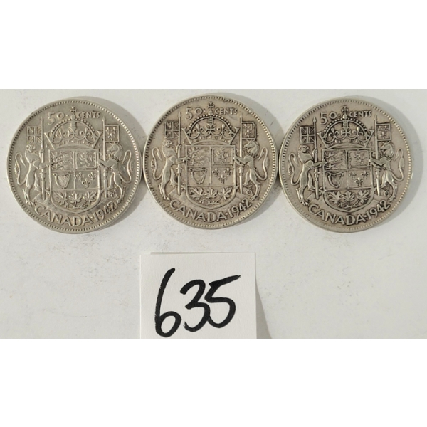 LOT OF 3 - 1942 CDN 50 CENT SILVER COINS