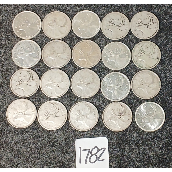 LOT OF 20 - 1937-1968 CDN 25 CENT COINS