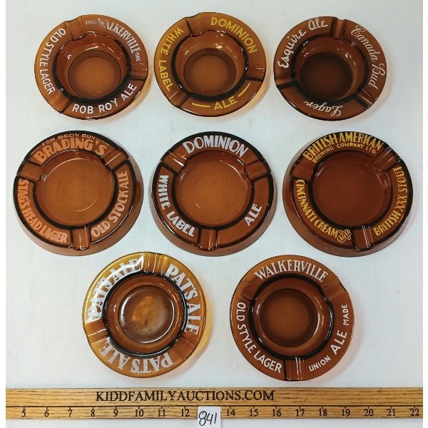 LOT OF 8 - AMBER GLASS ASHTRAYS - DOMINION, PAT'S ALE, BRITISH AMERICAN, OLD STYLE, ETC