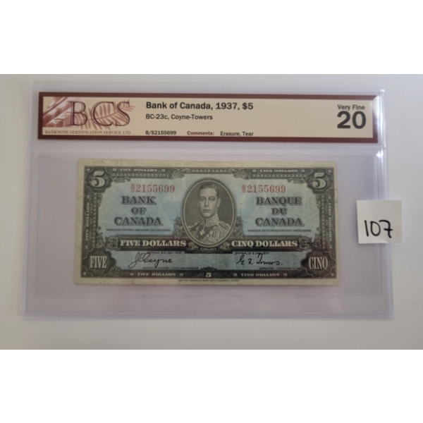 1937 CDN $5 BANKNOTE - BCS GRADED