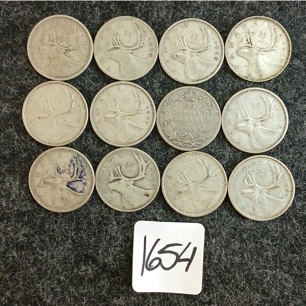 LOT OF 12 - 1919-1965 CDN 25 CENT COINS 