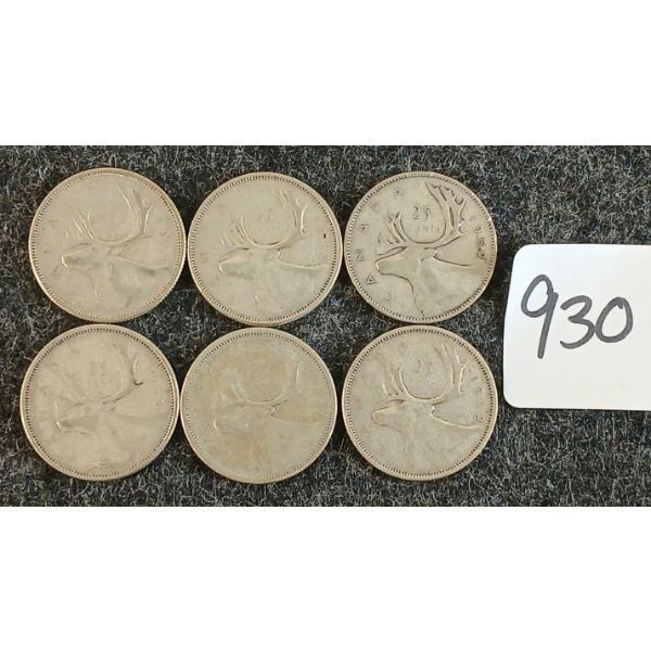 LOT OF 6 - 1952-1964 CDN 25 CENT COINS