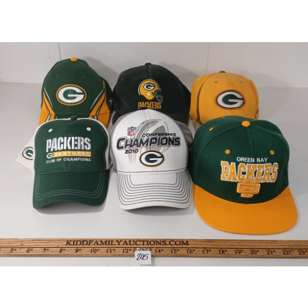 LOT OF 6 - GREEN BAY PACKERS FOOTBALL SNAP-BACK & BASEBALL CAPS