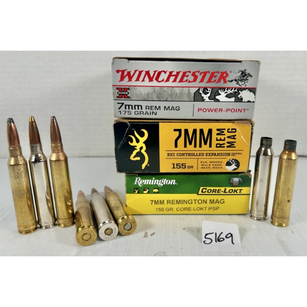 AMMO / BRASS: 38X LIVE & 22X BRASS 7MM REM MAG, MIXED 150/155/175GR. 