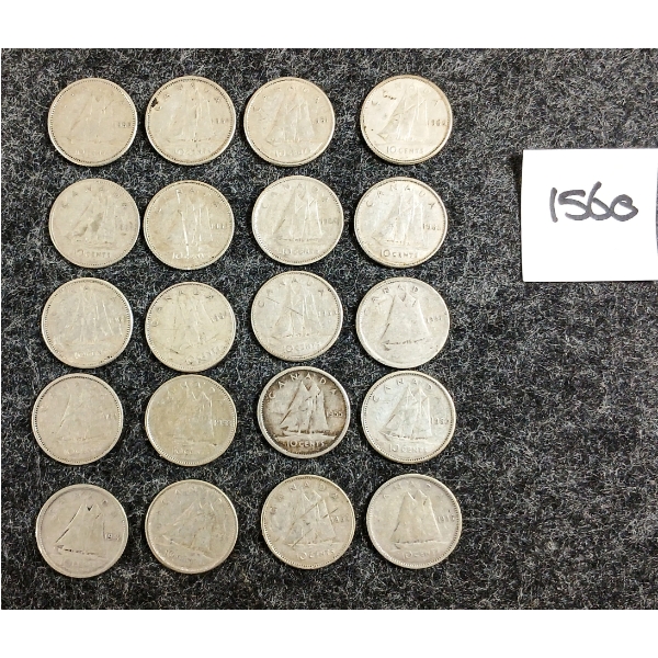LOT OF 20 - 1941-1965 CDN 10 CENT SILVER COINS