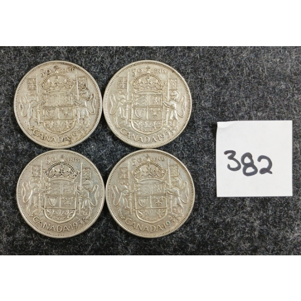 LOT OF 4 - 1953 CDN 50 CENT SILVER COINS