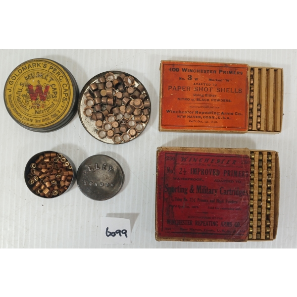 PERCUSSION CAPS / PRIMERS: 150X ELEY LONDON 12 & MUSKET CAPS / 217X NO. 3 & NO. 2 1/2 PRIMERS 