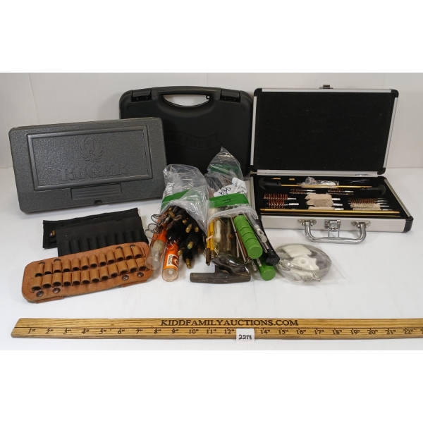 JOB LOT - RUGER HANDGUN CASE, AMMO POUCHES, HOPPE'S CLEANING BRUSHES, ETC