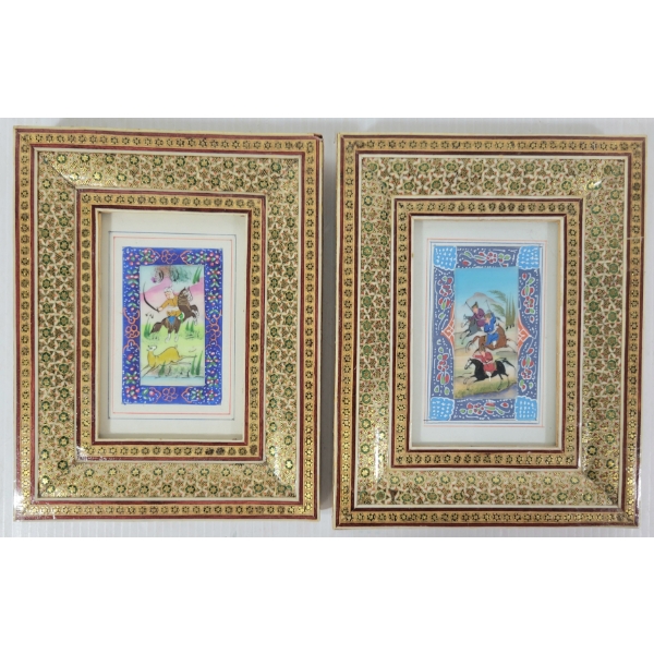 LOT OF 2 - PERSIAN HUNTING / POLO SCENES BY UNKNOWN ARTISTS - FRAMED MIXED MEDIA ON PANEL