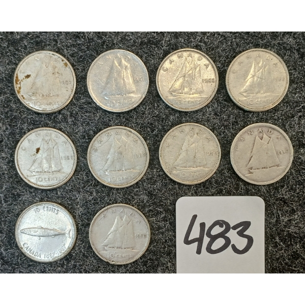 LOT OF 10 - 1940-1967 CDN 10 CENT COINS