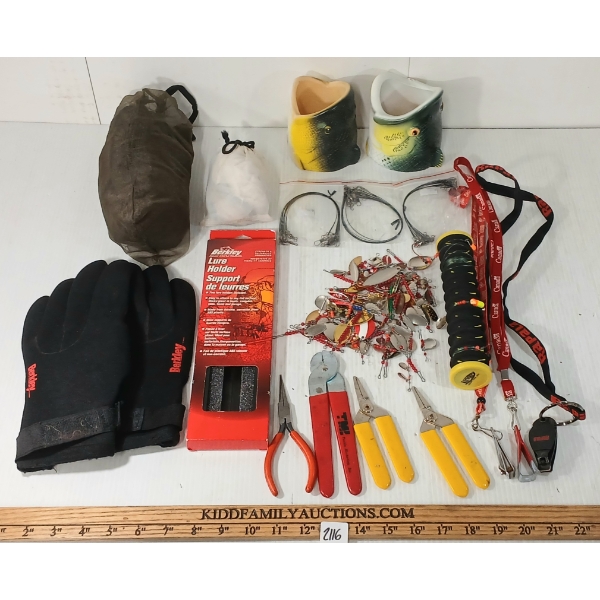 JOB LOT - FISHERMAN TOOLS, LURE HOLDERS, LEADERS, LURES, GLOVES, BEER COZY, ETC
