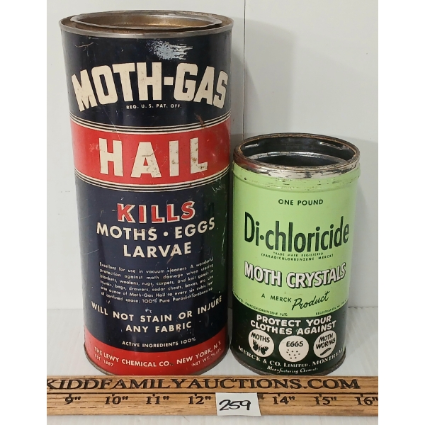LOT OF 2 - MOTH-GAS HAIL & DI-CHLORICIDE MOTH CRYSTALS - 1 & 2-1/2LBS CANS