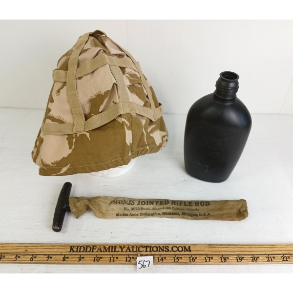 LOT OF 3 - MARBLES JOINTED RIFLE ROD, AVON CANTEEN & DESERT CAMO HELMET COVER