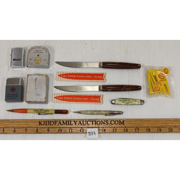 JOB LOT - SERVICE STATION COLLECTIBLES - INCL WHITEROSE KNIVES, MOBIL LIGHTER & SHELL MEASURING TAPE