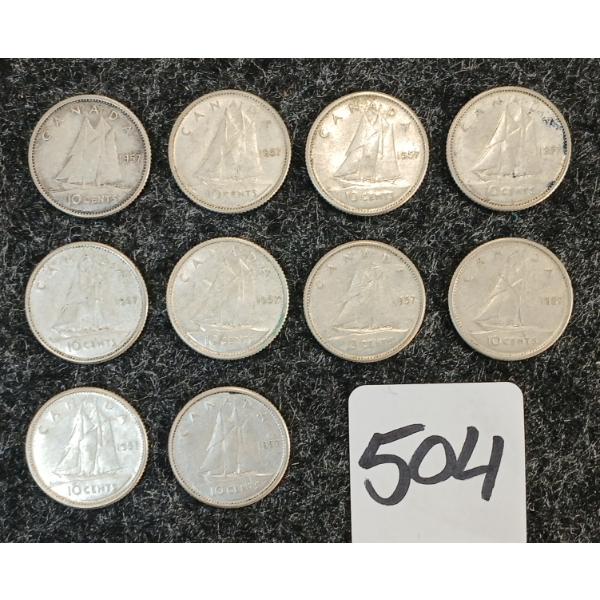 LOT OF 10 - 1957 CDN 10 CENT COINS