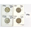 LOT OF 4 - 1931, 1938, 1941 & 1952 CDN 25 CENT SILVER PCS