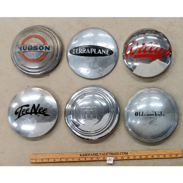 LOT OF 6 - HUBCAPS - HUDSON, WILLY'S, TERRAPLANE, OLDSMOBILE, TEE-NEE, ETC
