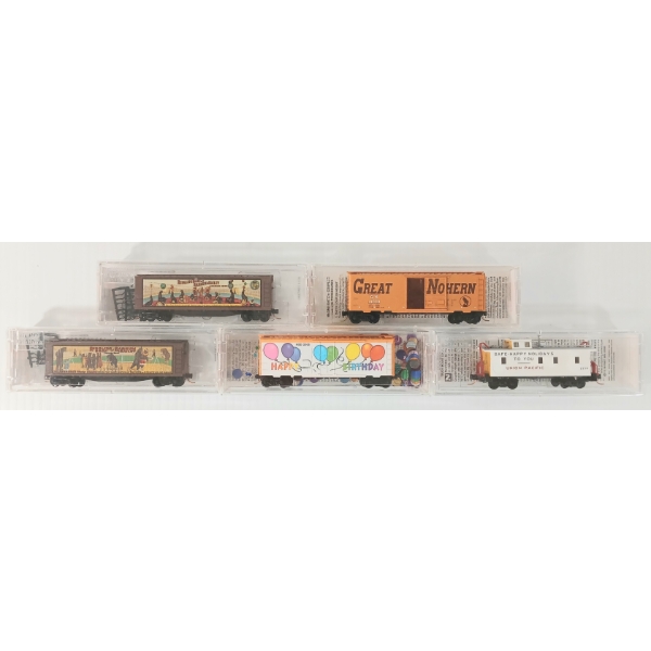 LOT OF 6 - MICRO TRAINS - BIRTHDAY, CHRISTMAS, CIRCUS & BILLBOARD CAR SERIES