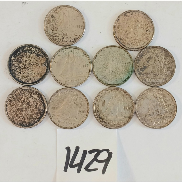 LOT OF 10 - 1942-1964 CDN 10 CENT SILVER COINS