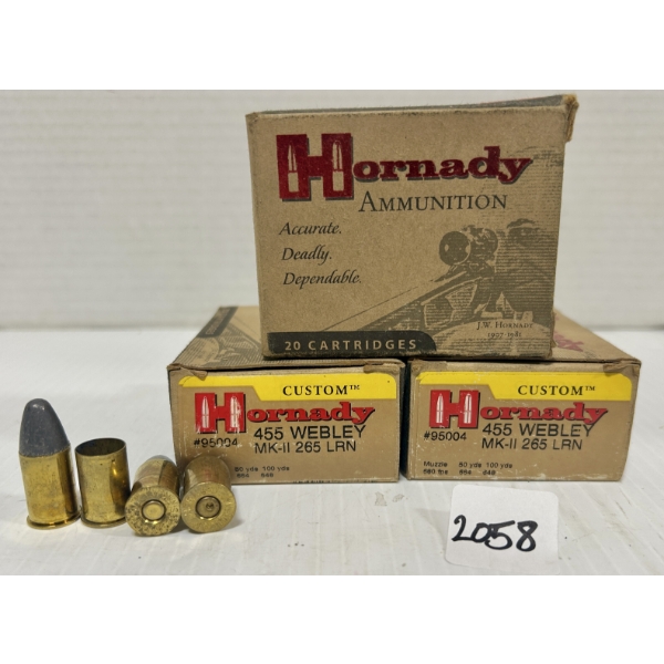AMMO / BRASS: 10X LIVE & 44X BRASS HORNADY .455 WEBLEY MK-II - 265 GR LRN