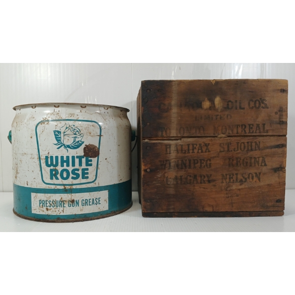LOT OF 2 - WHITE ROSE PRESSURE GUN GREASE CAN & CRATE