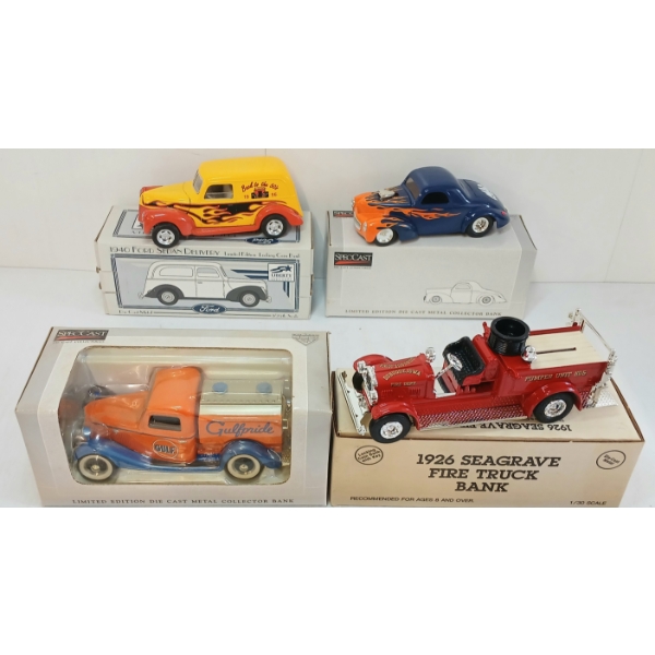 LOT OF 4 - ERTL, SPECCAST & LIBERTY DIECAST COIN BANKS - 1926 FIRE TRUCK, 1940 DELIVERY SEDAN, ETC