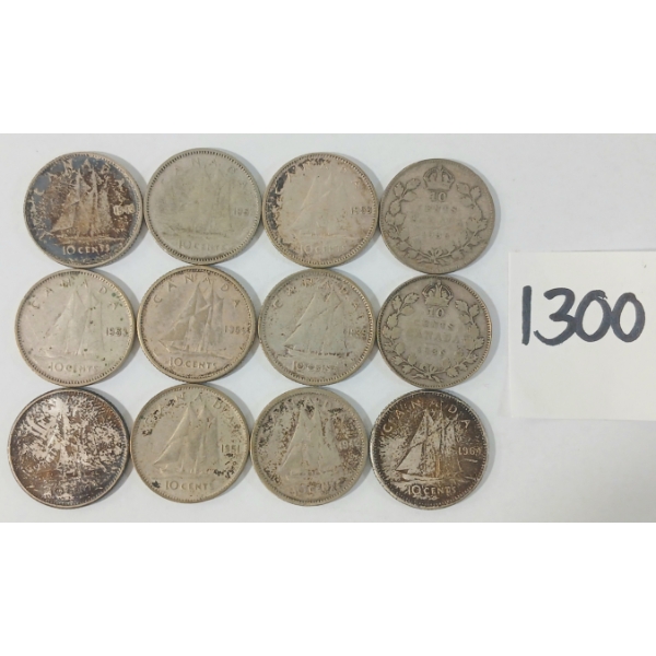 LOT OF 12 - 1939-1959 CDN SILVER DIMES