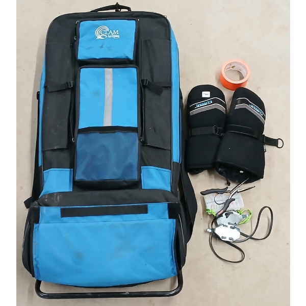 CLAM ICE FISHING BACKPACK W/ CONTENTS - INCL ICEARMOR MITTS, LURES, ETC