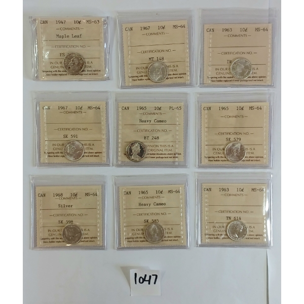 LOT OF 9 - 1947 & 1963-1968 CDN 10 CENT SILVER COINS