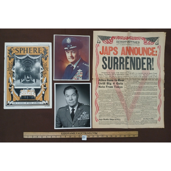 LOT OF 4 - "JAPS ANNOUNCE SURRENDER" NEWSPAPER, "THE SPHERE: FUNERAL OF KING GEORGIE VI", ETC