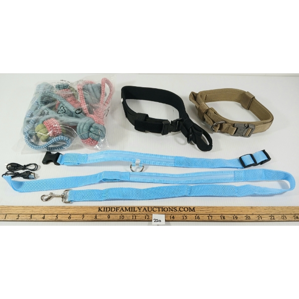 LOT OF 4 - DOG COLLARS, LEASH & TOYS - AS NEW