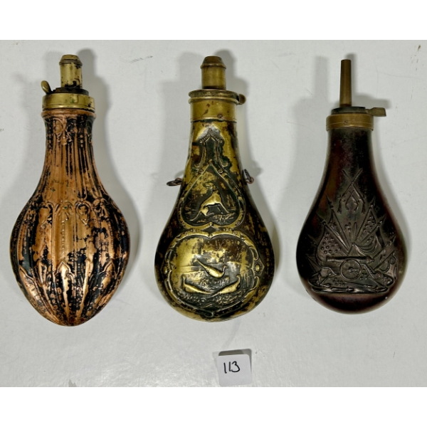 LOT OF 3 - ORNATE POWDER FLASKS