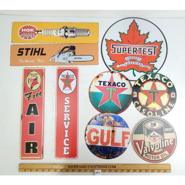 LOT OF 9 - TIN & PLASTIC GARAGE SIGNS - INCL SUPERTEST, GULF, STIHL, ETC