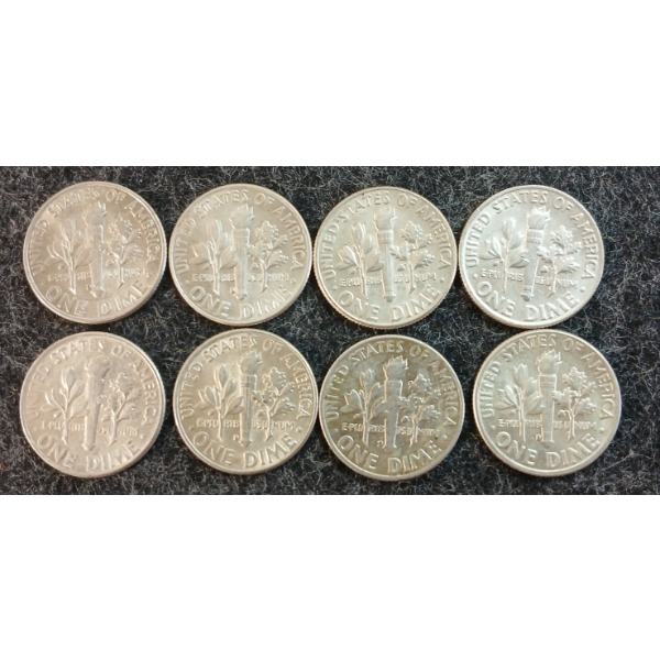 LOT OF 8 - 1952-1964 U.S. 10 CENT COINS