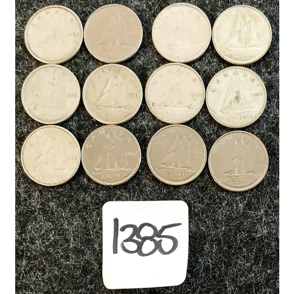 LOT OF 12 - 1947-1974 CDN 10 CENT COINS